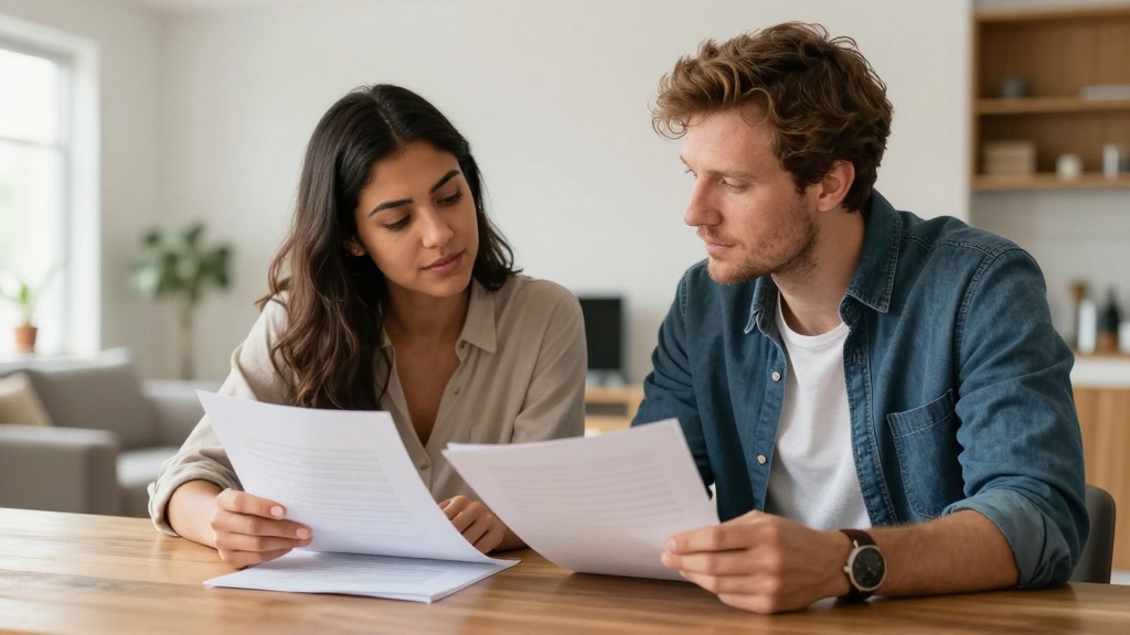 Apartment lease: couple reviewing rental agreement