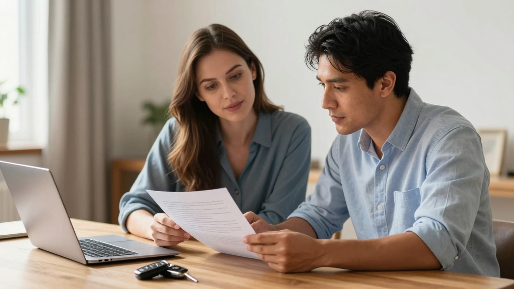 Car payment agreement: two people reviewing a contract