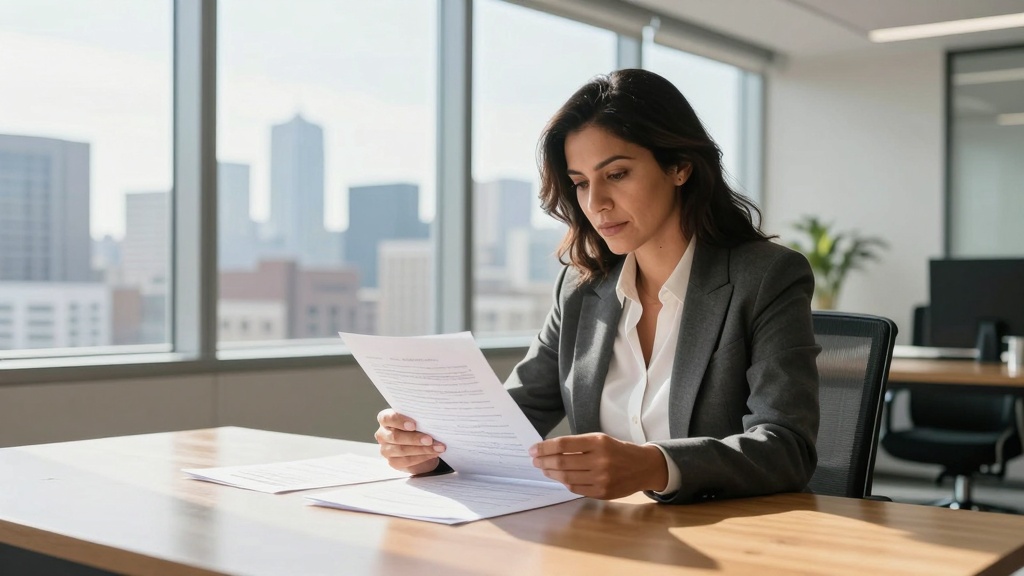 Commercial lease agreement: business owner reviewing contract documents at office desk