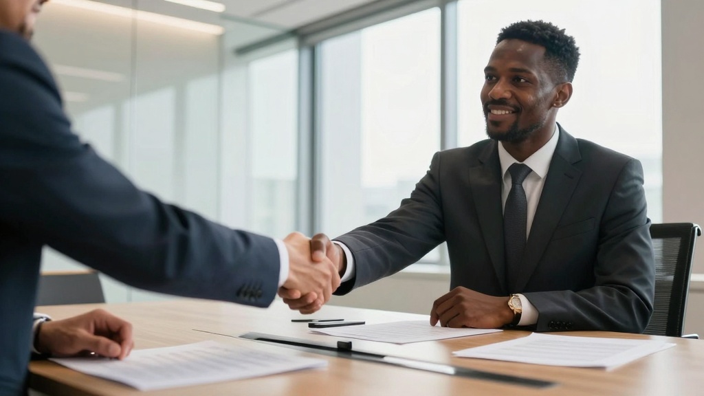 Commercial lease negotiation: two business professionals shaking hands over contract documents