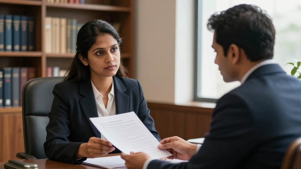 Commercial lease review: tenant and attorney reviewing lease agreement together in office