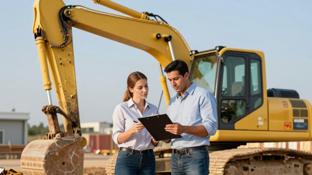 Equipment rental agreement: two people reviewing documents near heavy machinery