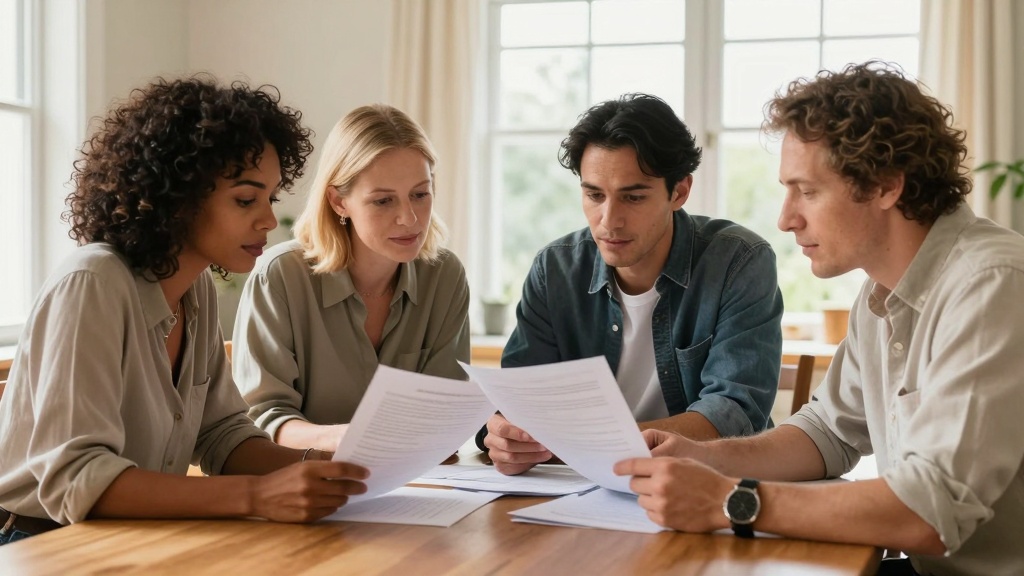 Family members reviewing loan agreement documents at a table