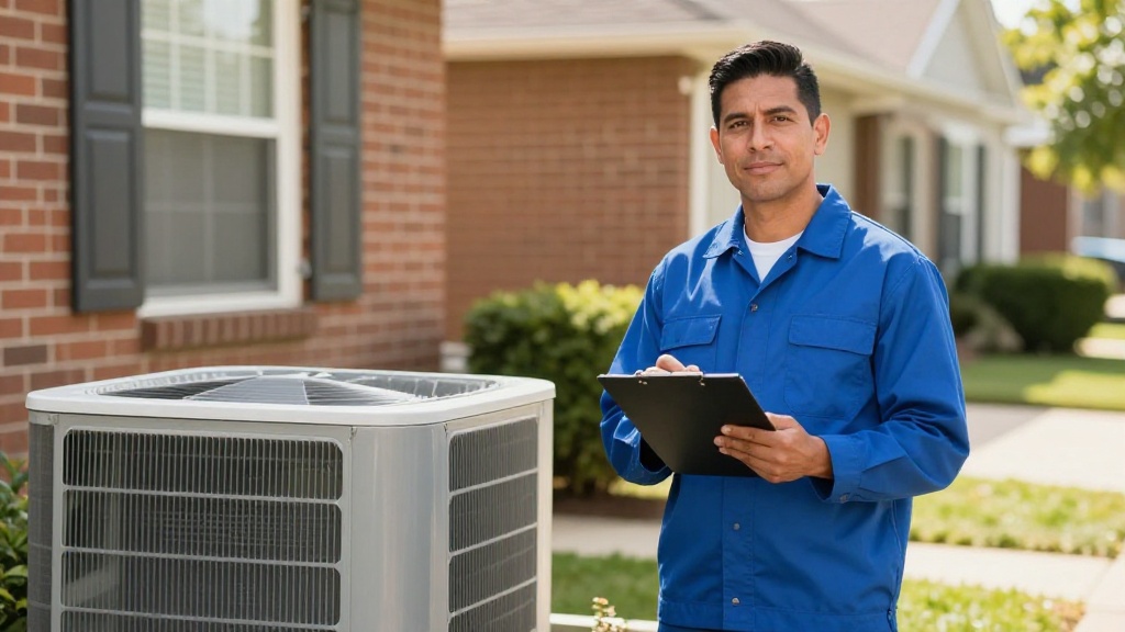 HVAC technician reviewing service contract details outdoors