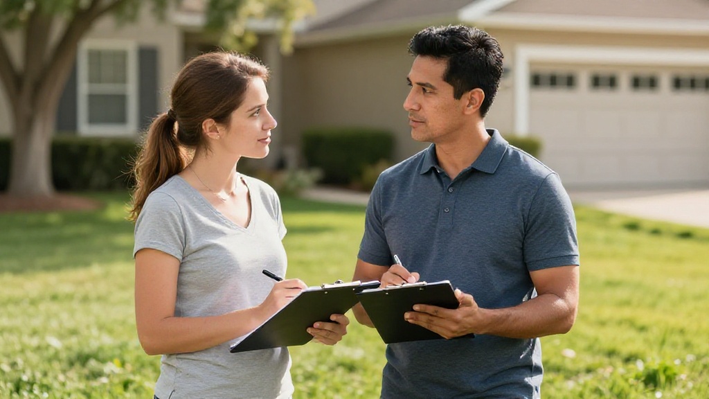 Lawn care contract: homeowners reviewing service agreement