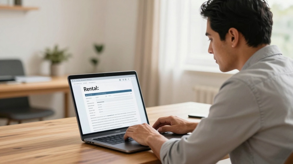Online rental application: landlord reviewing tenant details on laptop