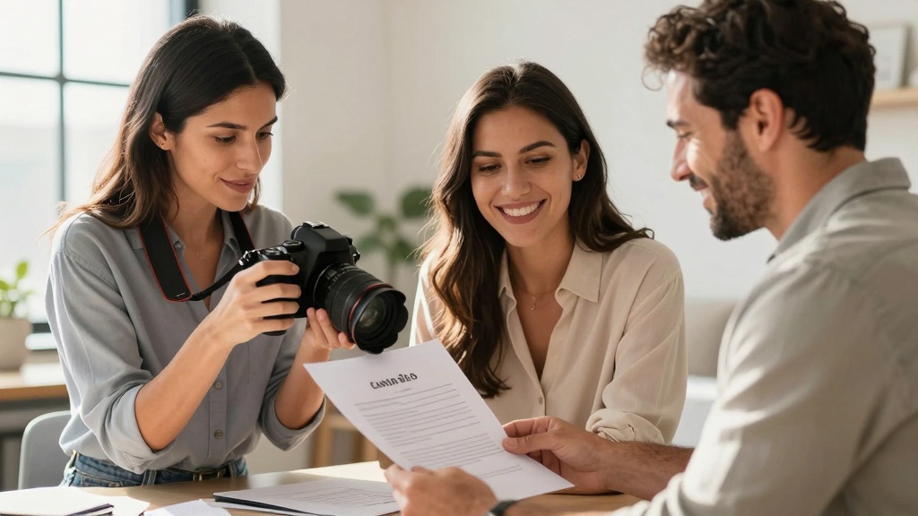 Photography contract: photographer reviewing agreement with clients