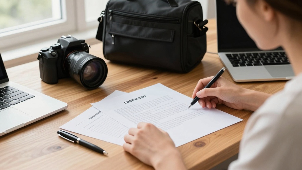 Photography contract: organized paperwork and equipment