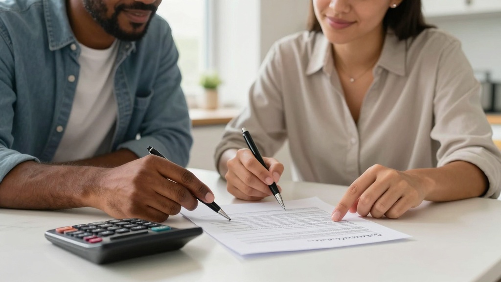 Reviewing promissory note terms: couple with calculator