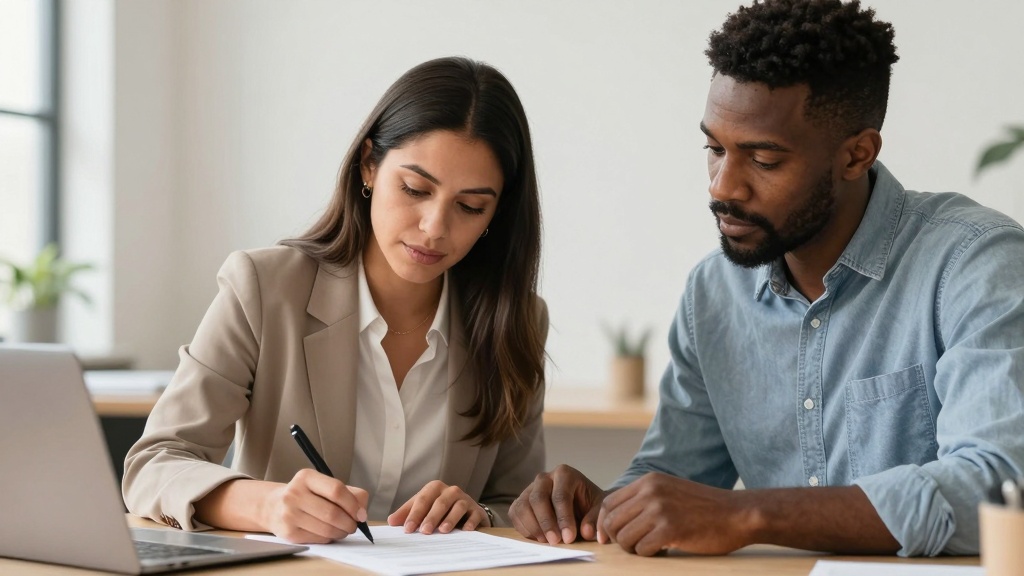 Signing promissory note: diverse individuals at desk
