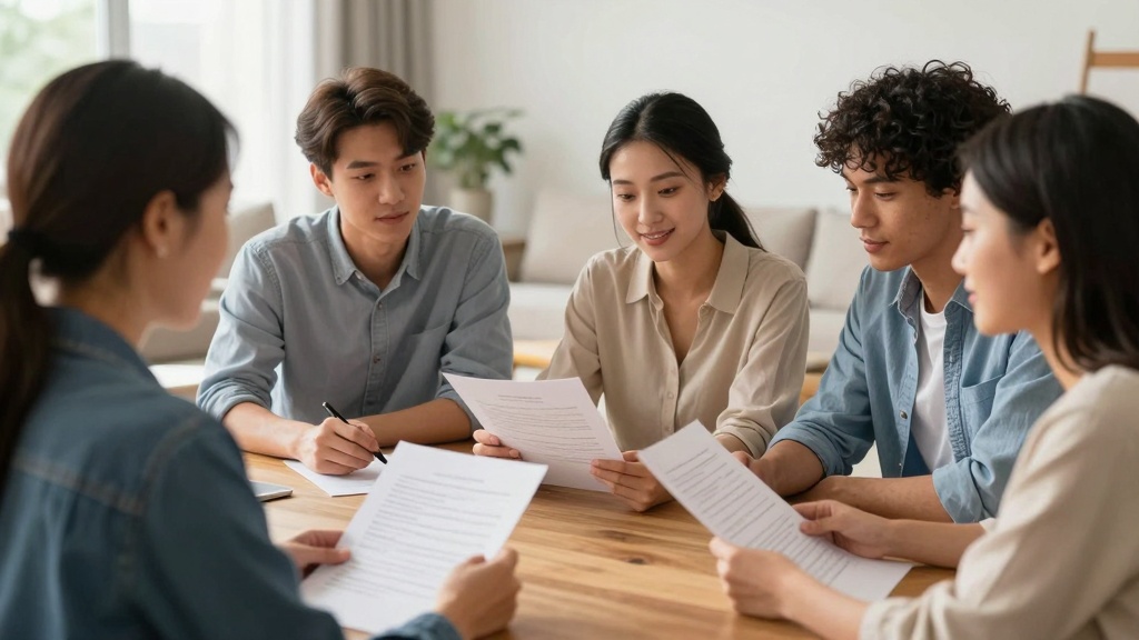 Rental application form: tenants reviewing documents with landlord