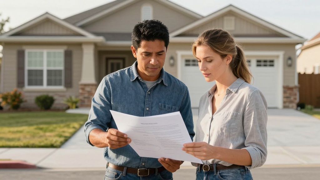 Residential concrete contract: homeowners reviewing agreement with contractor