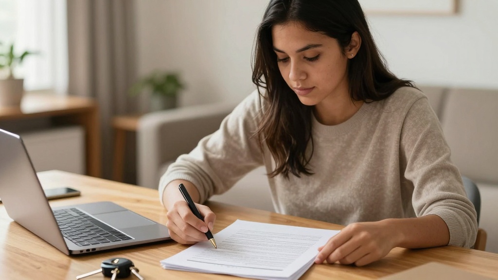 Sublease contract: woman reviewing rental agreement