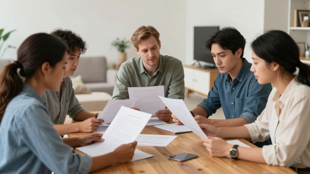 Room rental agreement: roommates reviewing lease terms