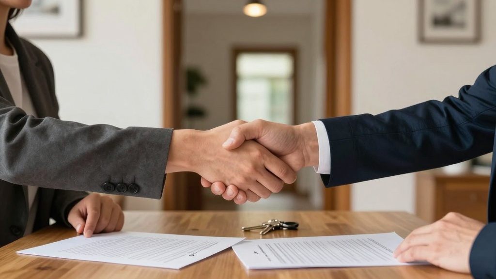 Room rental agreement: successful handshake after signing