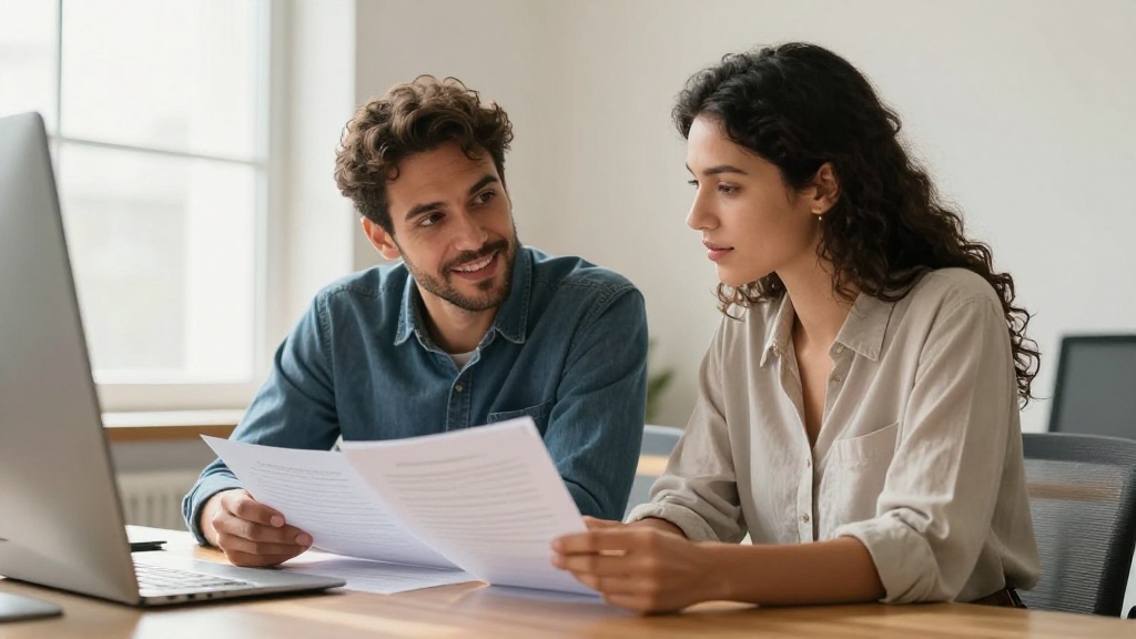Wedding contract review: couple and planner discussing agreement