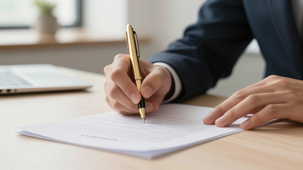 Signing wedding contract: close-up of hands and pen